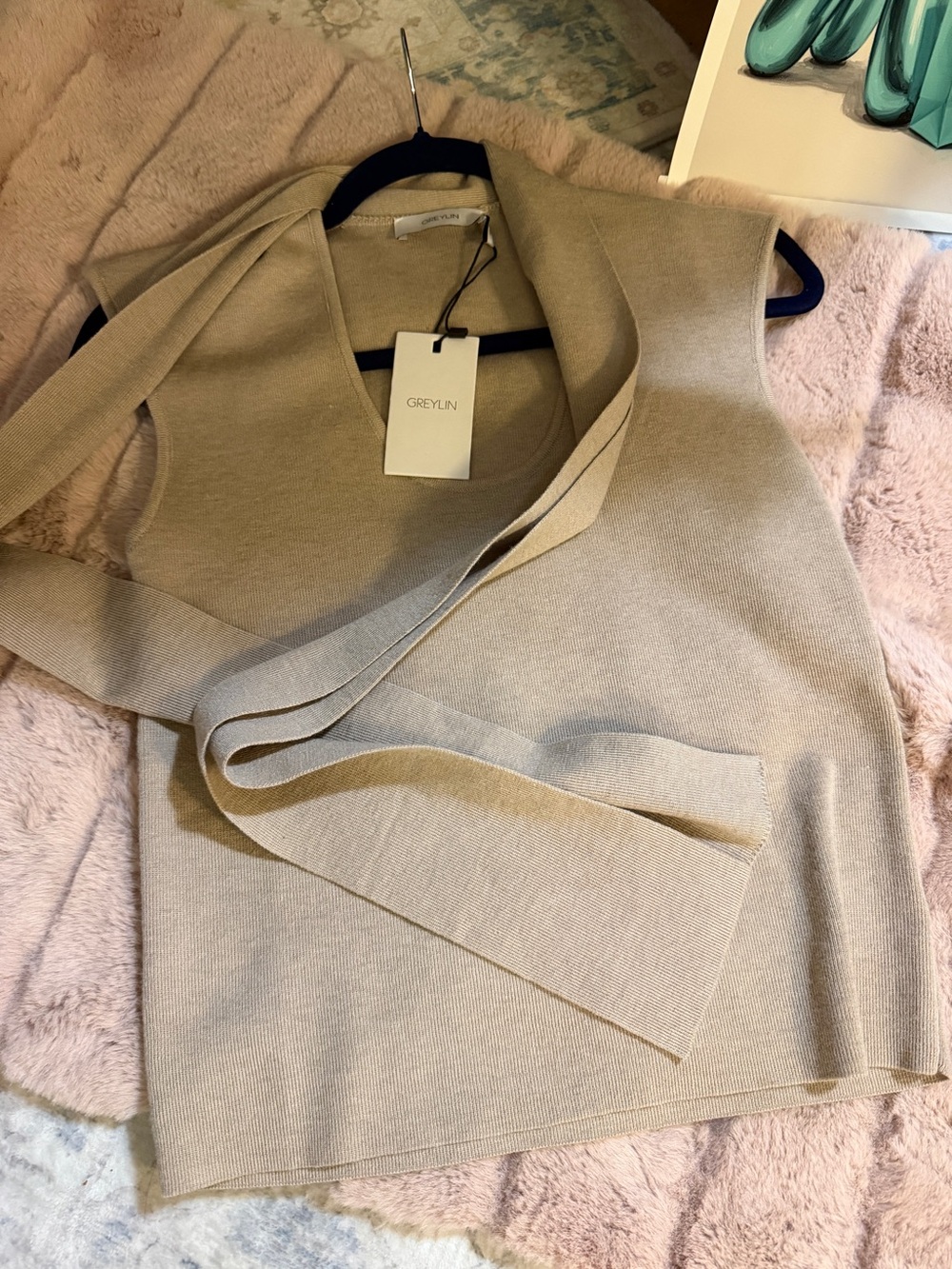 Greylin Neutral Beige Knit Vest with Draped Front